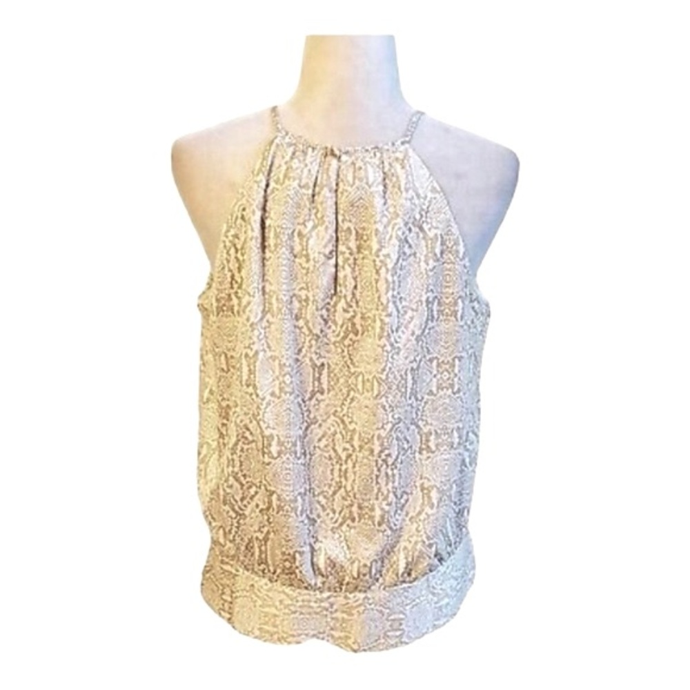 Ann Taylor Women’s High Neck Animal Print Sleeveless Silky Blouse Tan Size 8